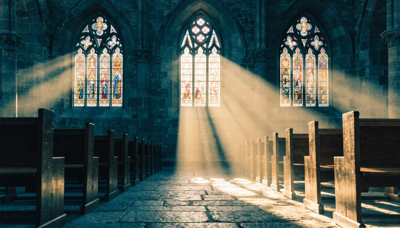 Golden light pouring through tall stained-glass windows onto a worn stone chapel floor