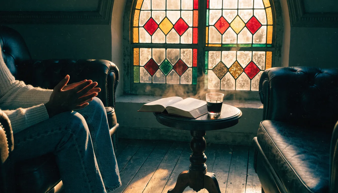 Two armchairs beside a tall arched window with an open Bible and tea, hands resting open in prayer