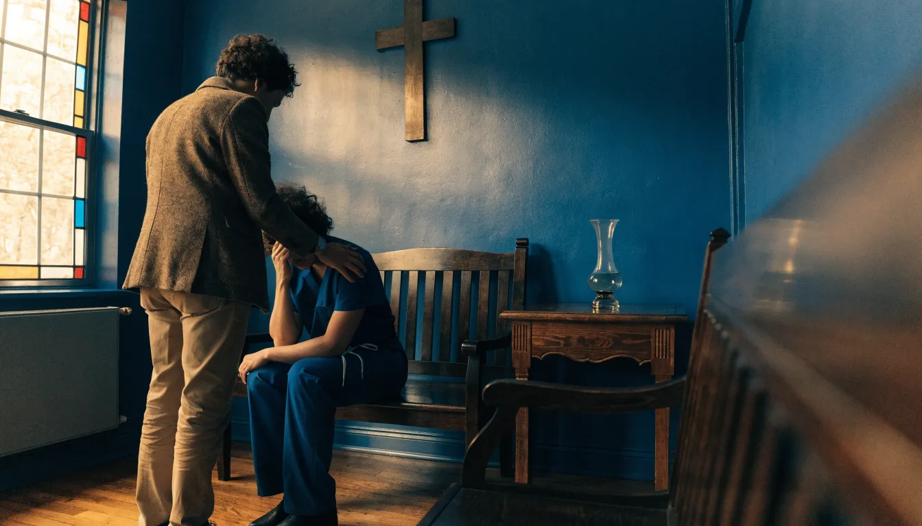 A chaplain's hand resting on the shoulder of a healthcare worker in a quiet hospital chapel