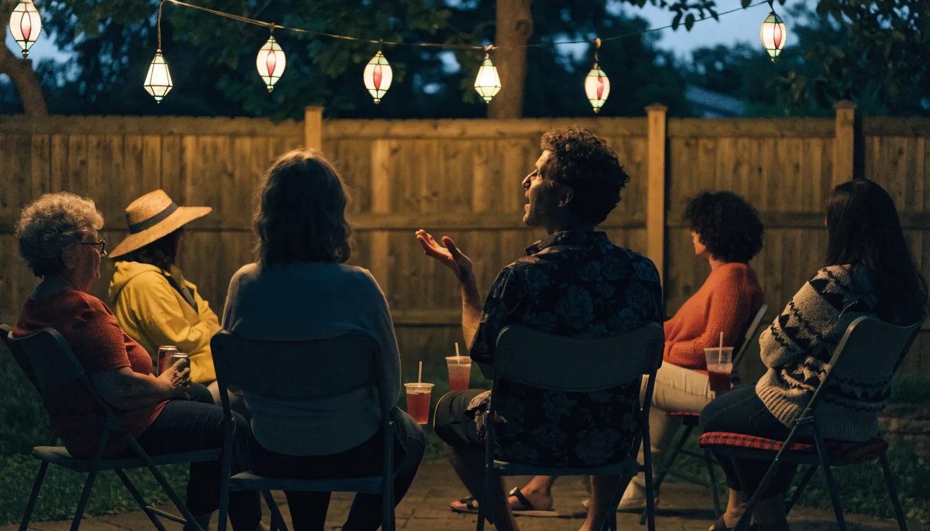 Neighbors gathered in a backyard circle at dusk listening to a speaker