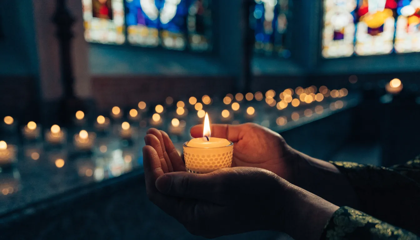 Cupped hands holding a single lit votive candle in a darkened sanctuary
