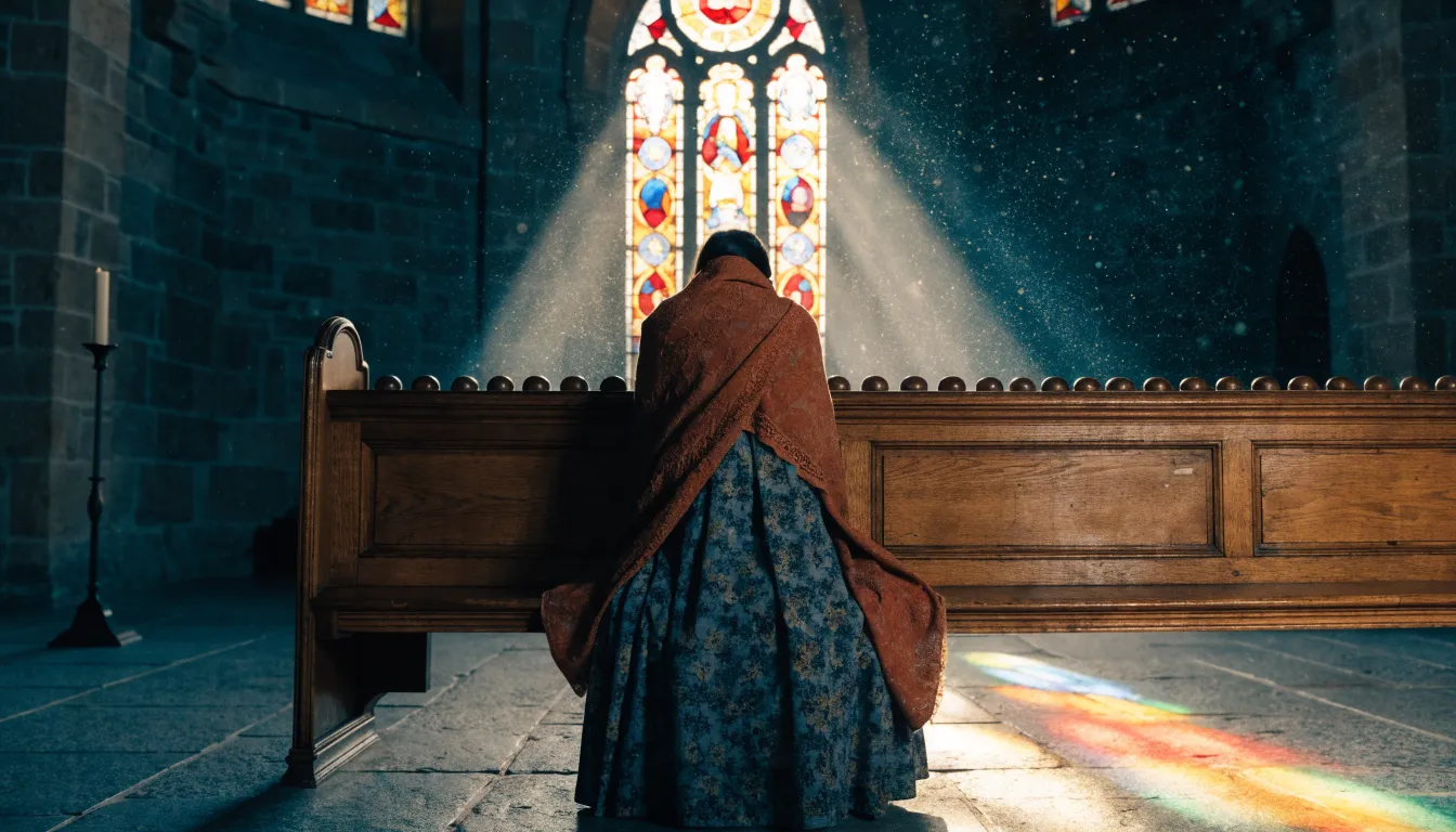 A person seated alone in a sunlit pew, head bowed in quiet reflection