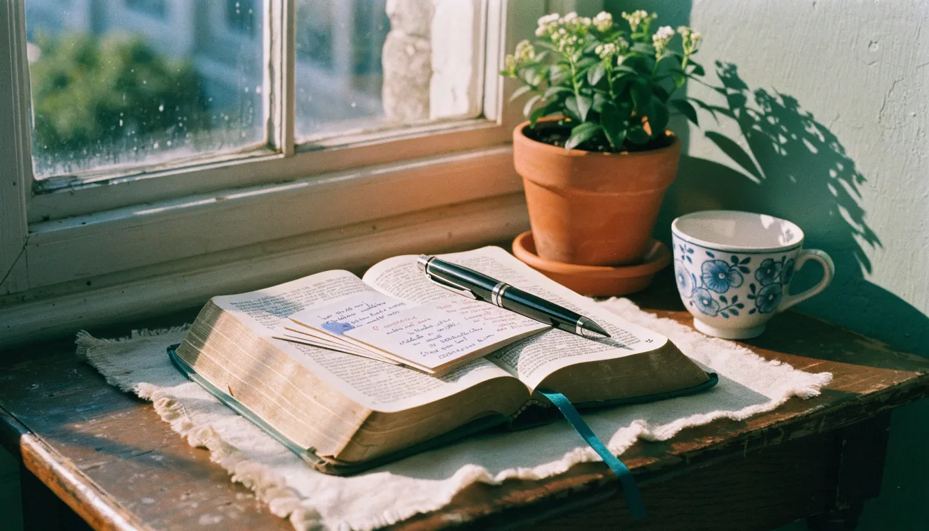 Handwritten prayer cards and a pen resting on an open Bible near a sunlit window