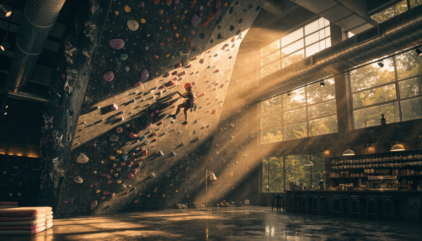 A climber reaching for a hold high on a warmly lit bouldering wall at Ember & Iron