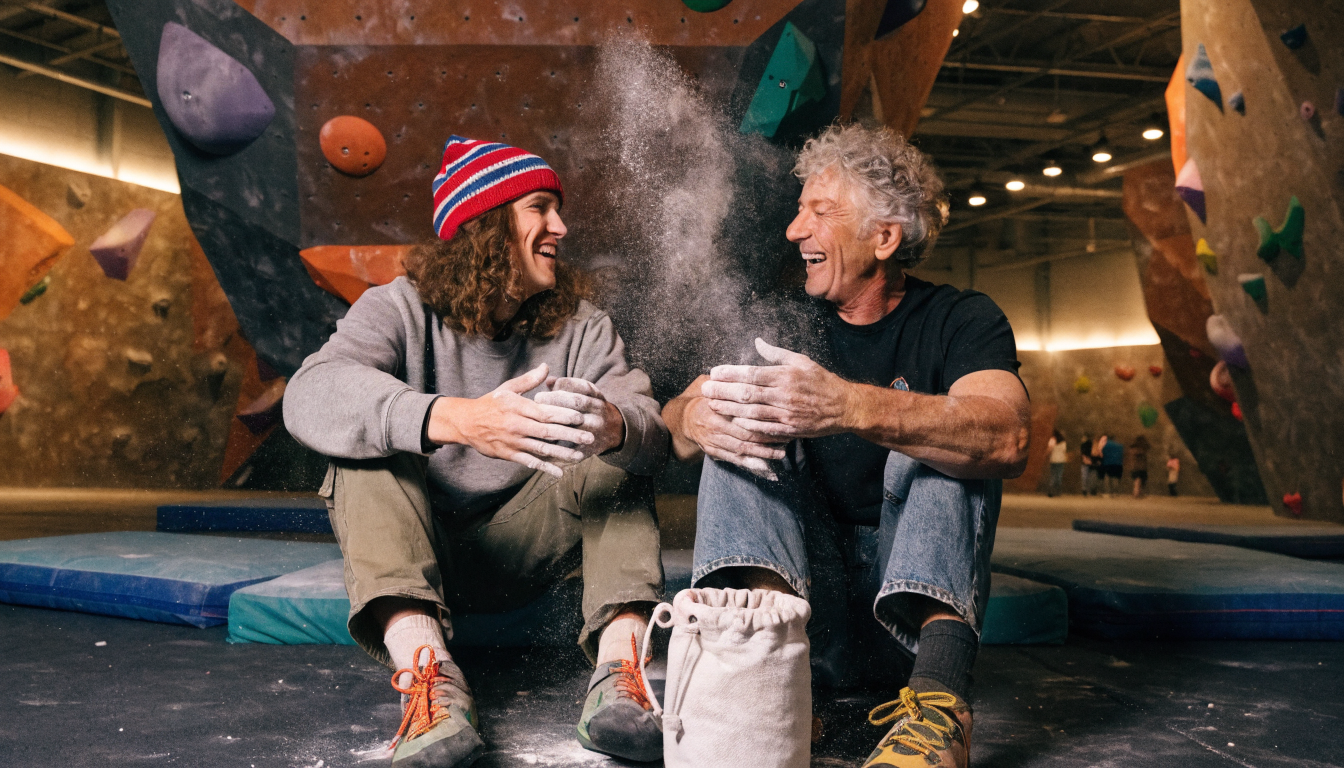 Climbers chalking up and chatting at the base of a bouldering wall