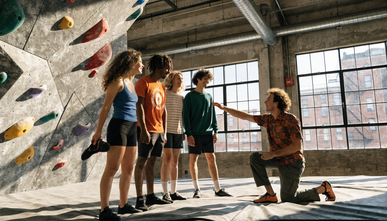 Saturday morning intro session with new climbers learning to boulder