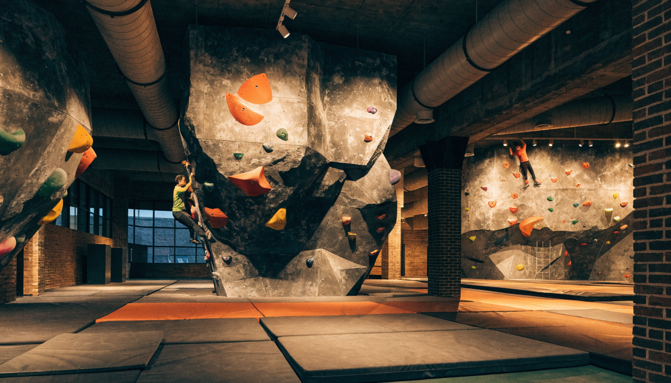 The main bouldering hall with tall colorful walls