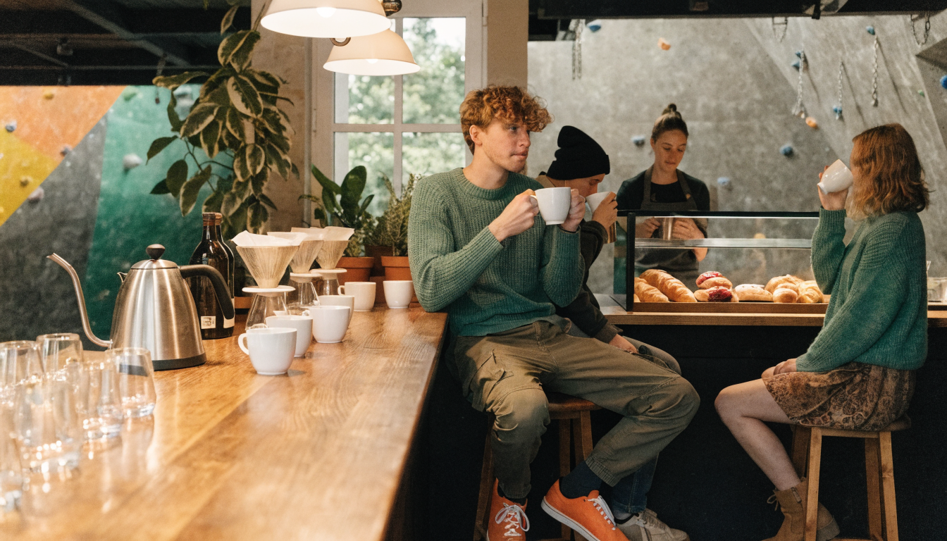 The coffee bar with pour-over station and pastries