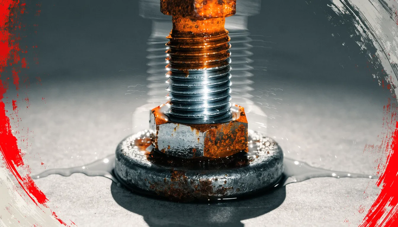 Close-up of a rusted, seized hex bolt and nut with freshly penetrated threads showing clean metal