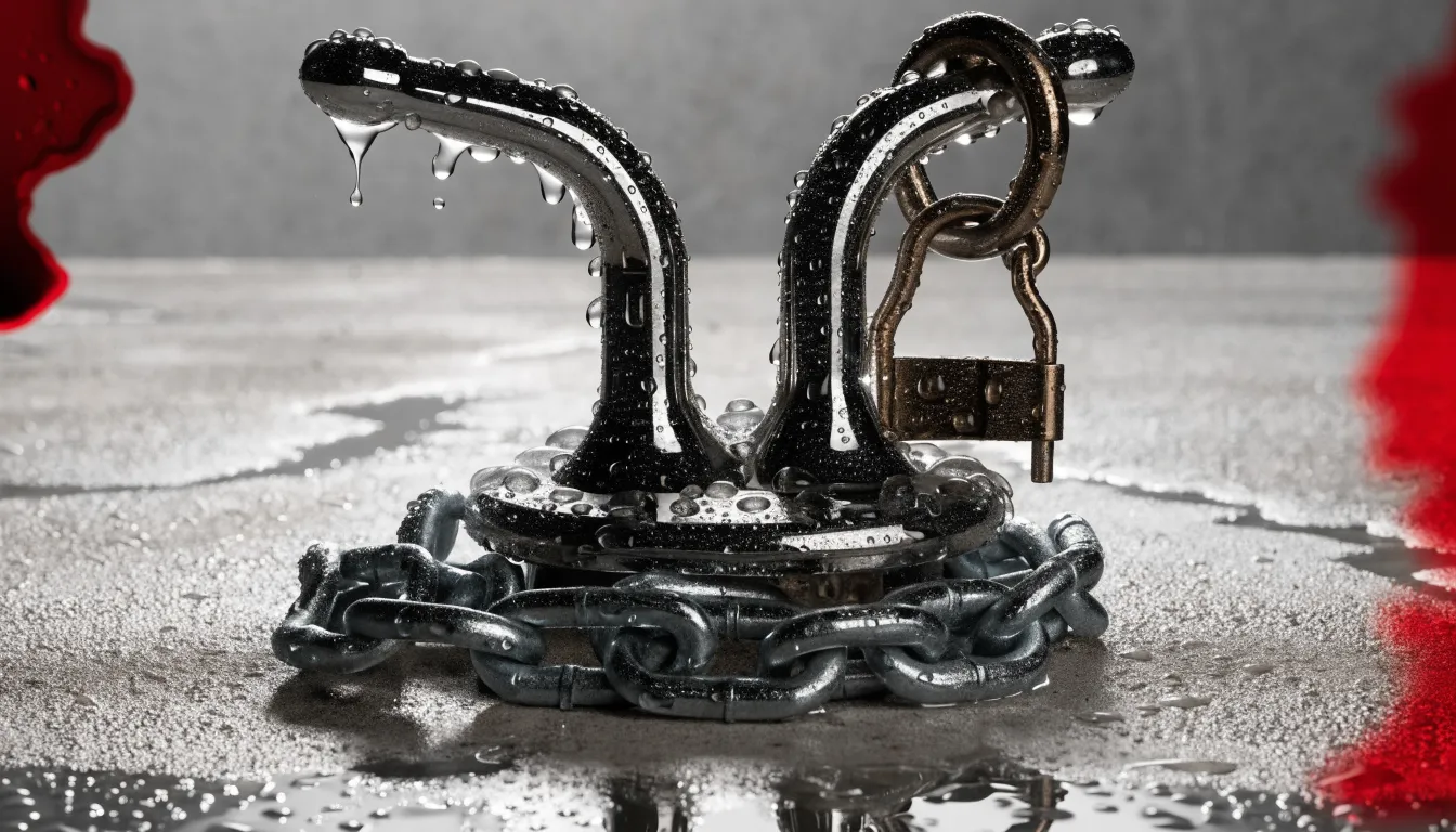 Stainless boat cleat, bronze shackle and anchor chain beaded with water on a concrete dock