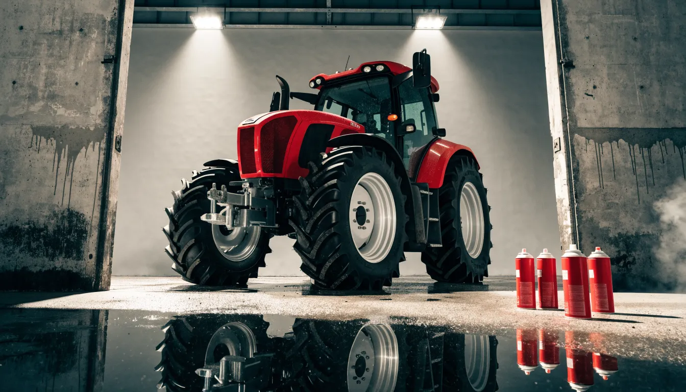 Farm tractor parked inside a concrete equipment barn under hard work lights