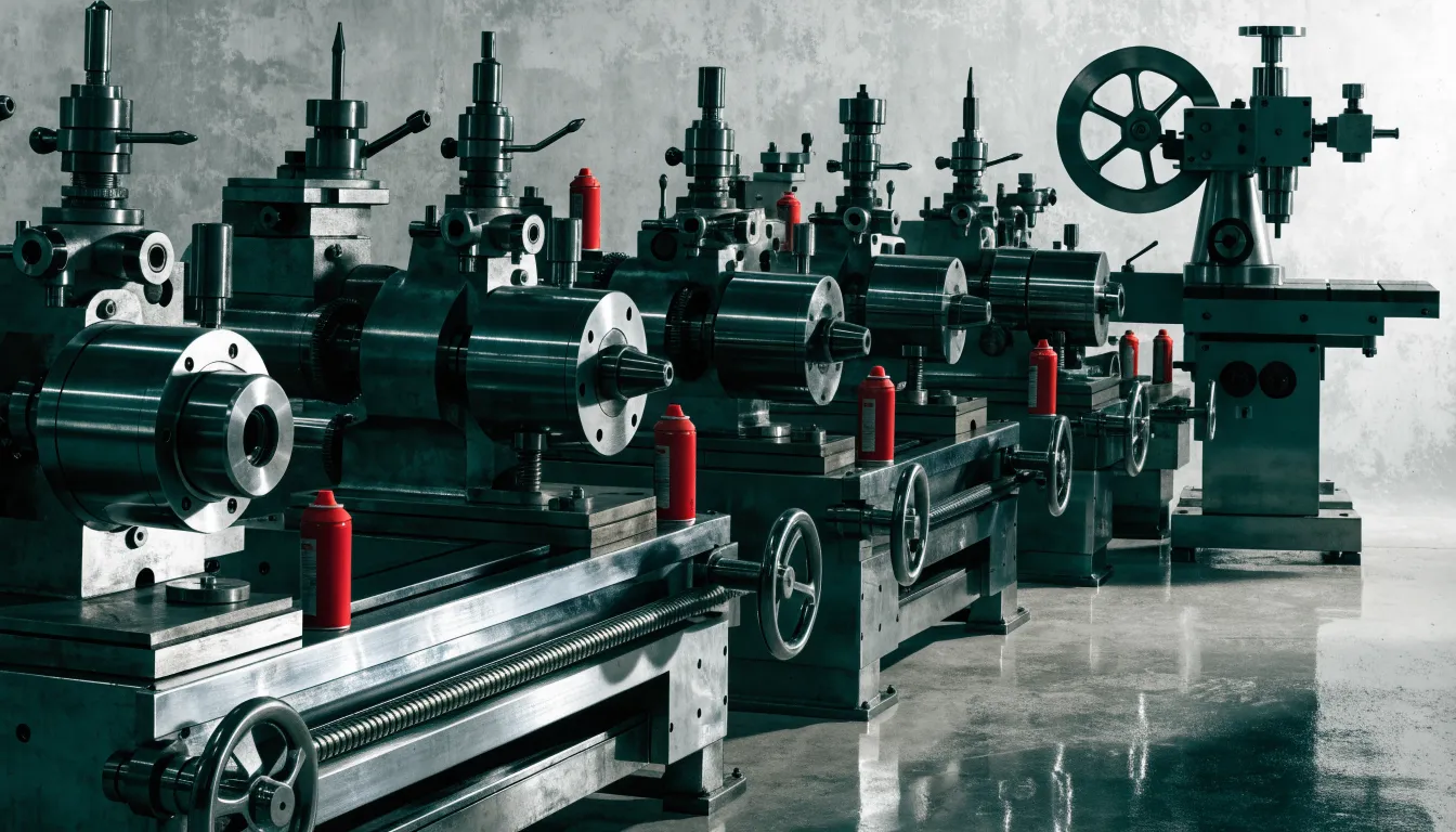 Machine shop floor with steel lathes and bare-metal cutting tools