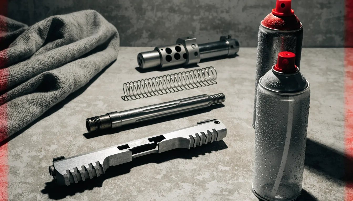 Gunsmith's bench with a disassembled pistol slide and bolt carrier group beside a shop rag