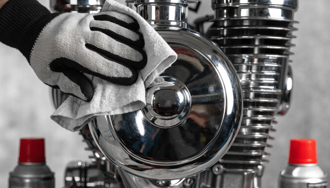 Gloved hand wiping a chrome motorcycle engine cover with a gray shop rag