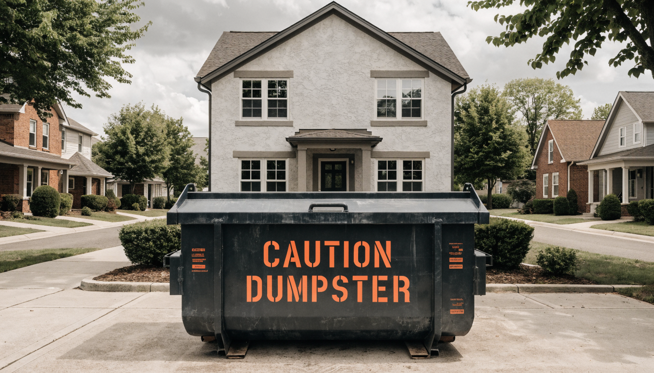 A freshly delivered roll-off dumpster sitting squarely on a clean residential driveway