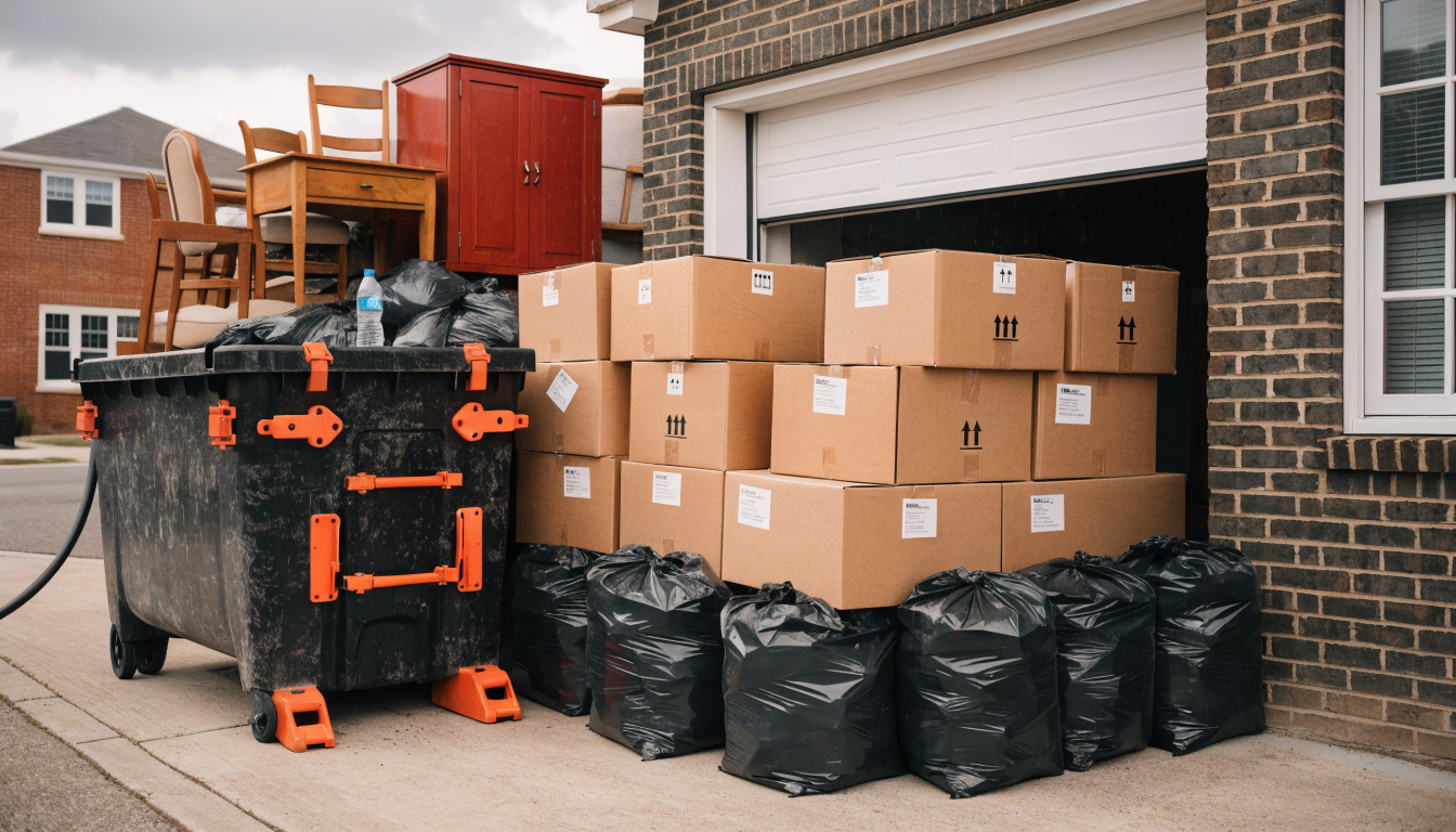 Household items and old furniture stacked neatly beside a roll-off container on a driveway during a garage cleanout