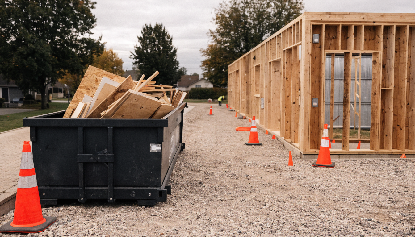 Roll-off container beside a framed residential construction site with sorted debris and safety cones