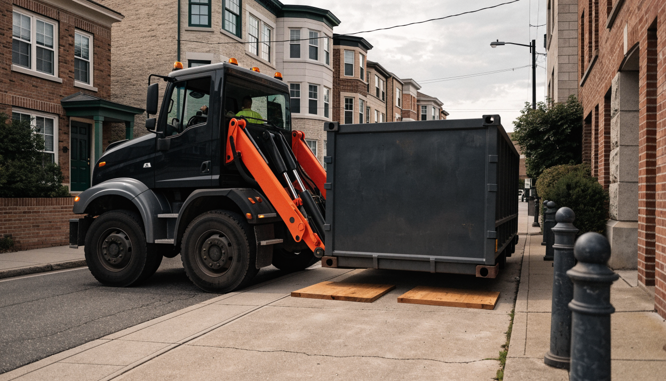 Roll-off truck lowering a container onto protective boards on a residential driveway