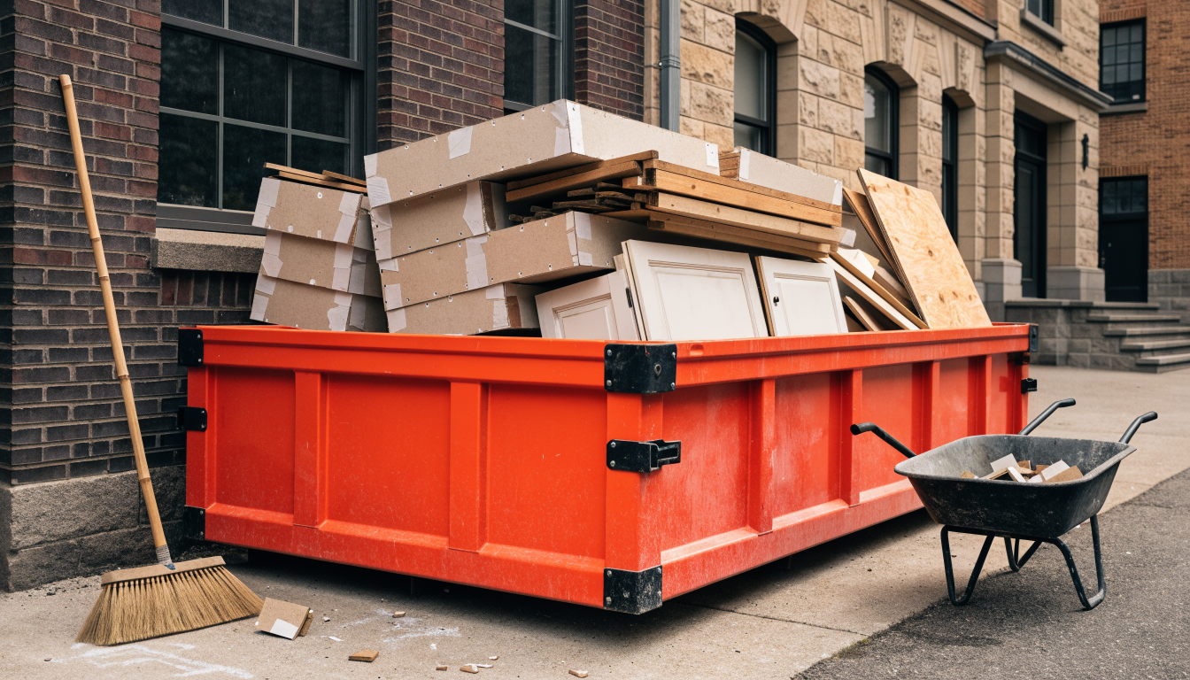 Roll-off container two-thirds full of neatly loaded renovation debris on a tidy job site