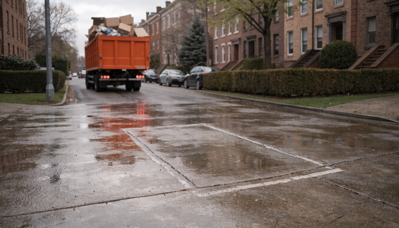 Empty swept driveway after haul-away with the loaded roll-off truck pulling away down the street