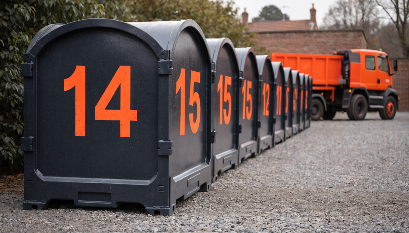 A row of well-maintained roll-off containers staged in a clean equipment yard