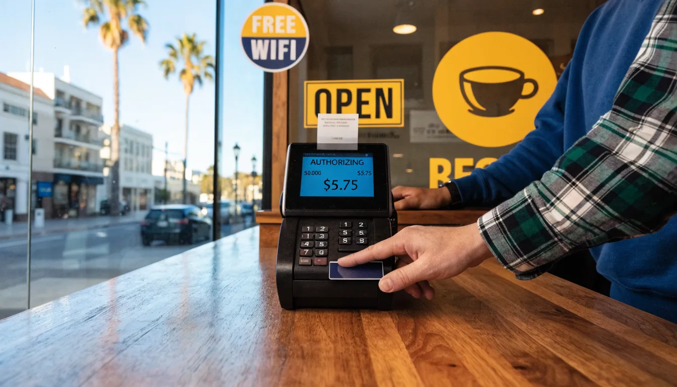 A card terminal mid-transaction on a sunlit small-shop checkout counter