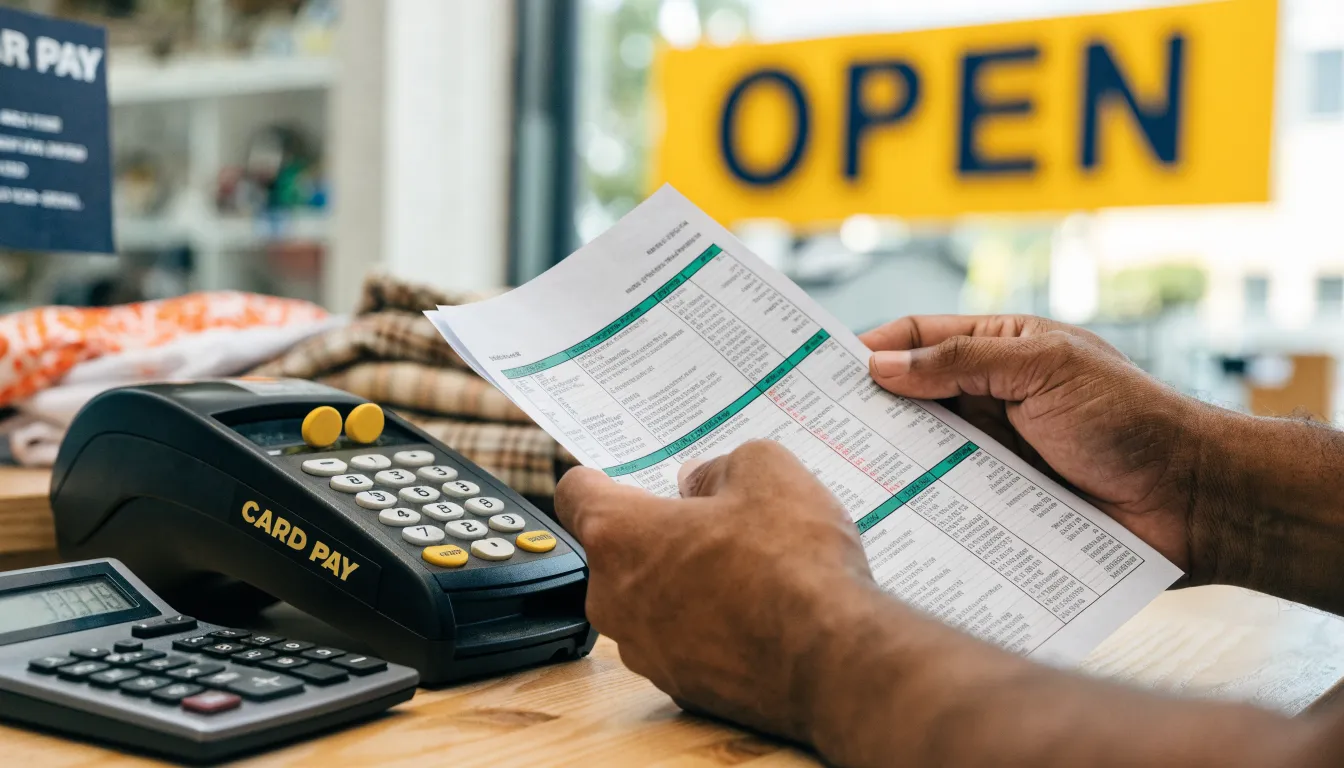 A shop owner reviewing a monthly processing statement beside a card terminal
