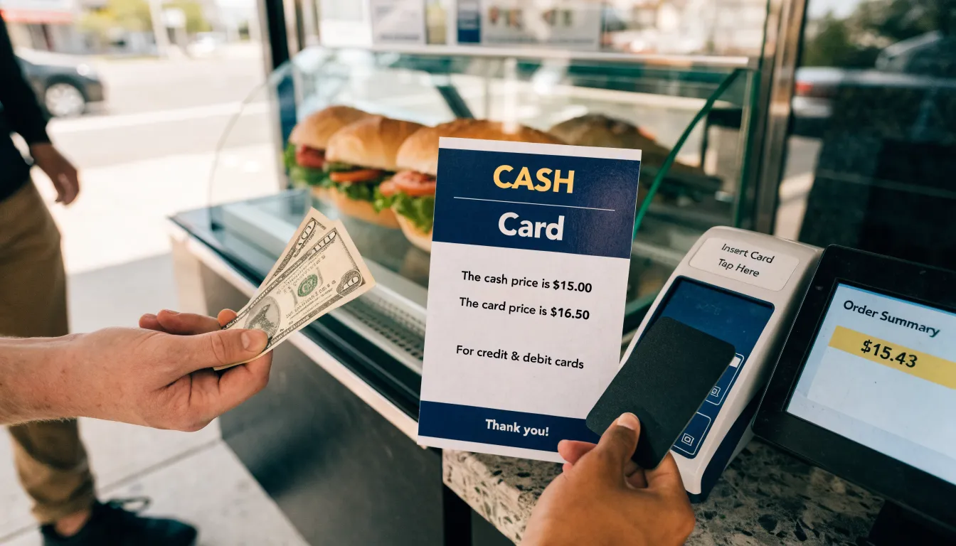 Counter sign showing a cash price and a card price next to a card terminal at a deli register
