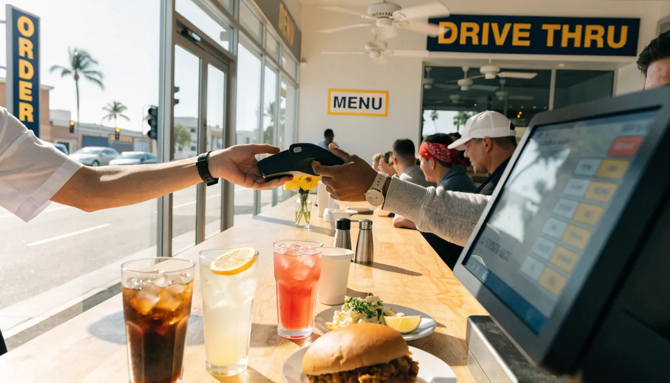 A server handing a card terminal to a diner at a busy restaurant lunch counter