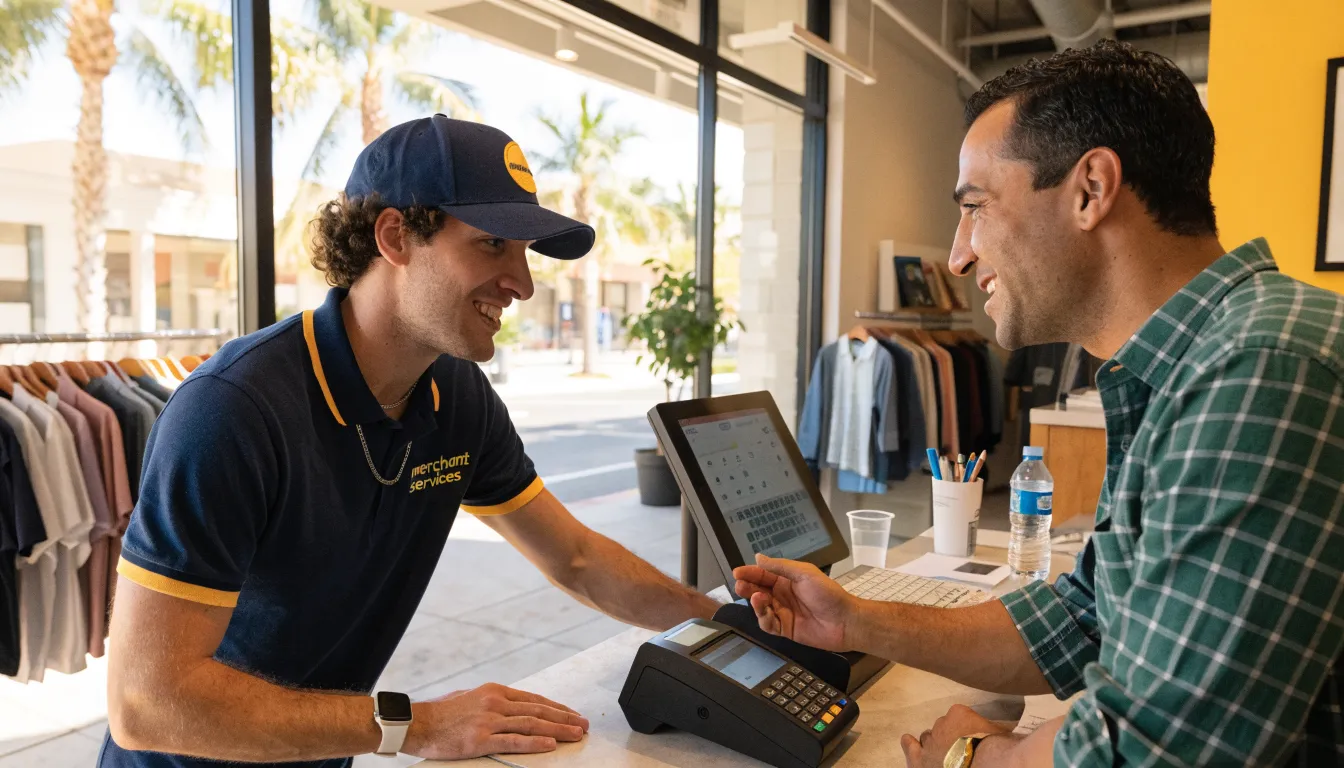 A local merchant-services representative setting up a new card terminal with a boutique owner