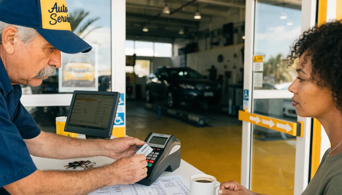 A mechanic running a customer's card on a countertop terminal at an auto repair service desk