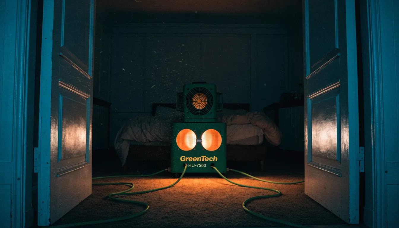 Bed bug heater glowing orange in a dark bedroom at night