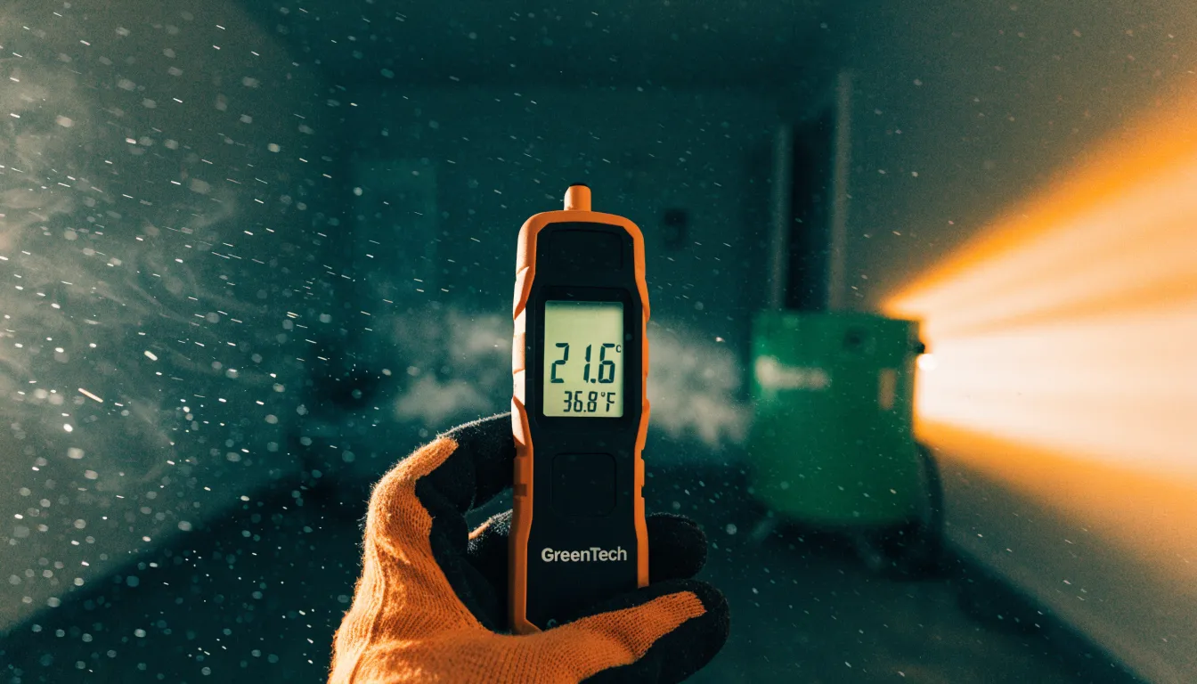 Handheld digital thermometer with a lit display in a heat-treated room