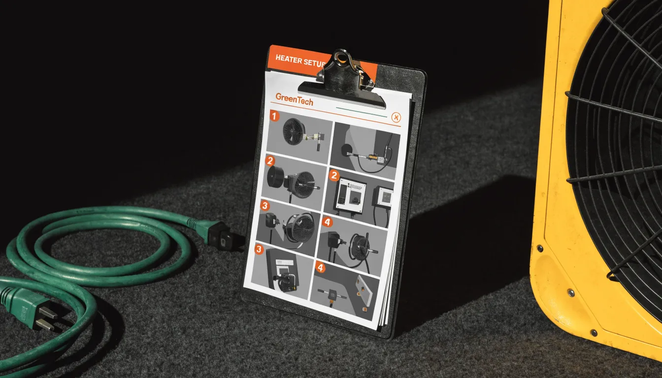 Printed step-by-step setup guide on a clipboard next to coiled extension cords