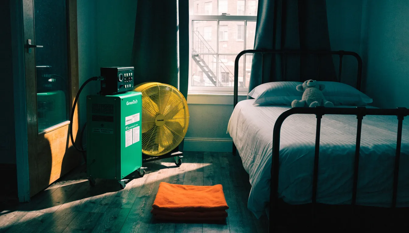 Freshly made family bedroom with heat equipment set aside by the door