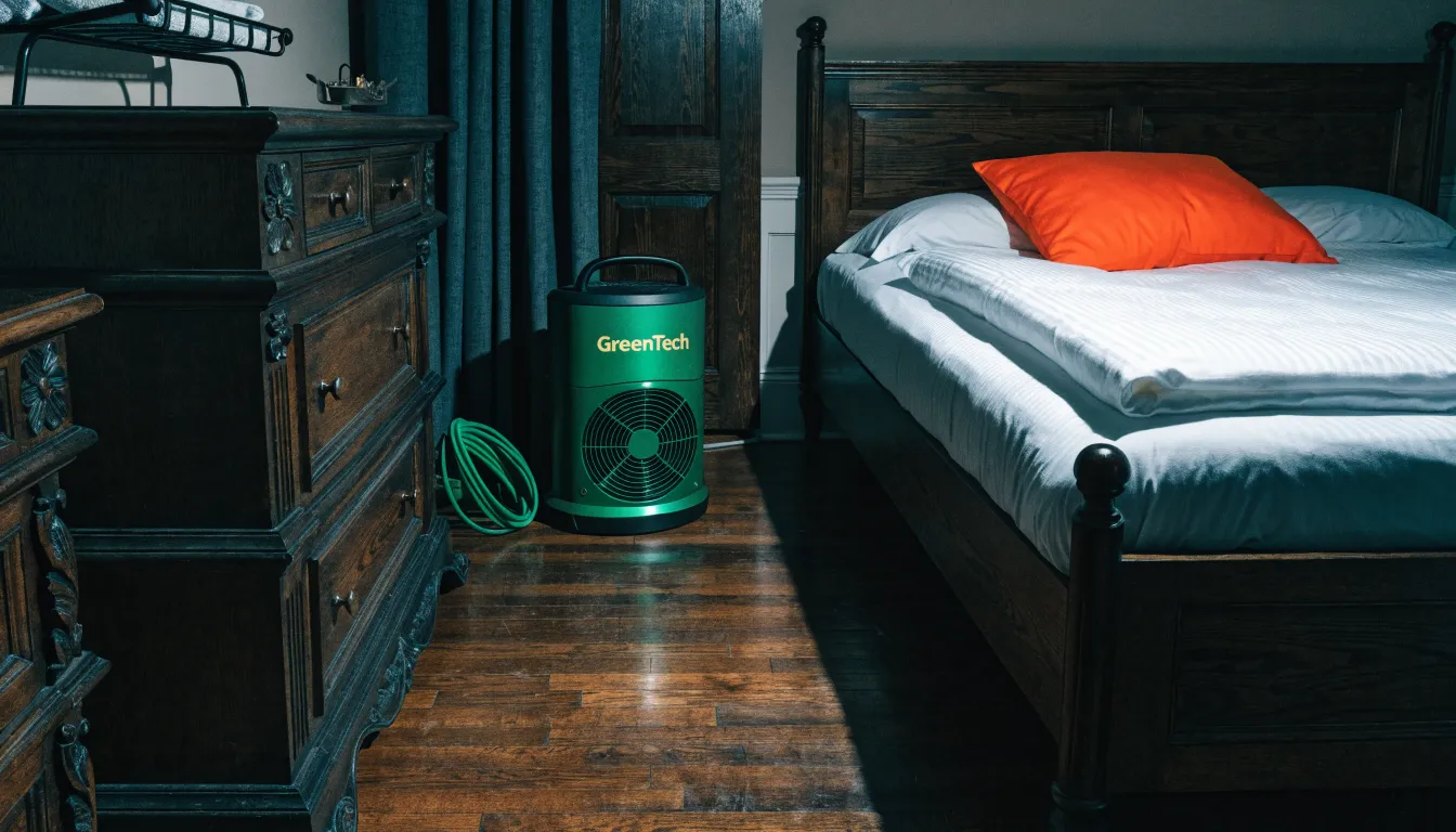 Clean vacation rental bedroom between guest stays with compact heat equipment staged by the closet