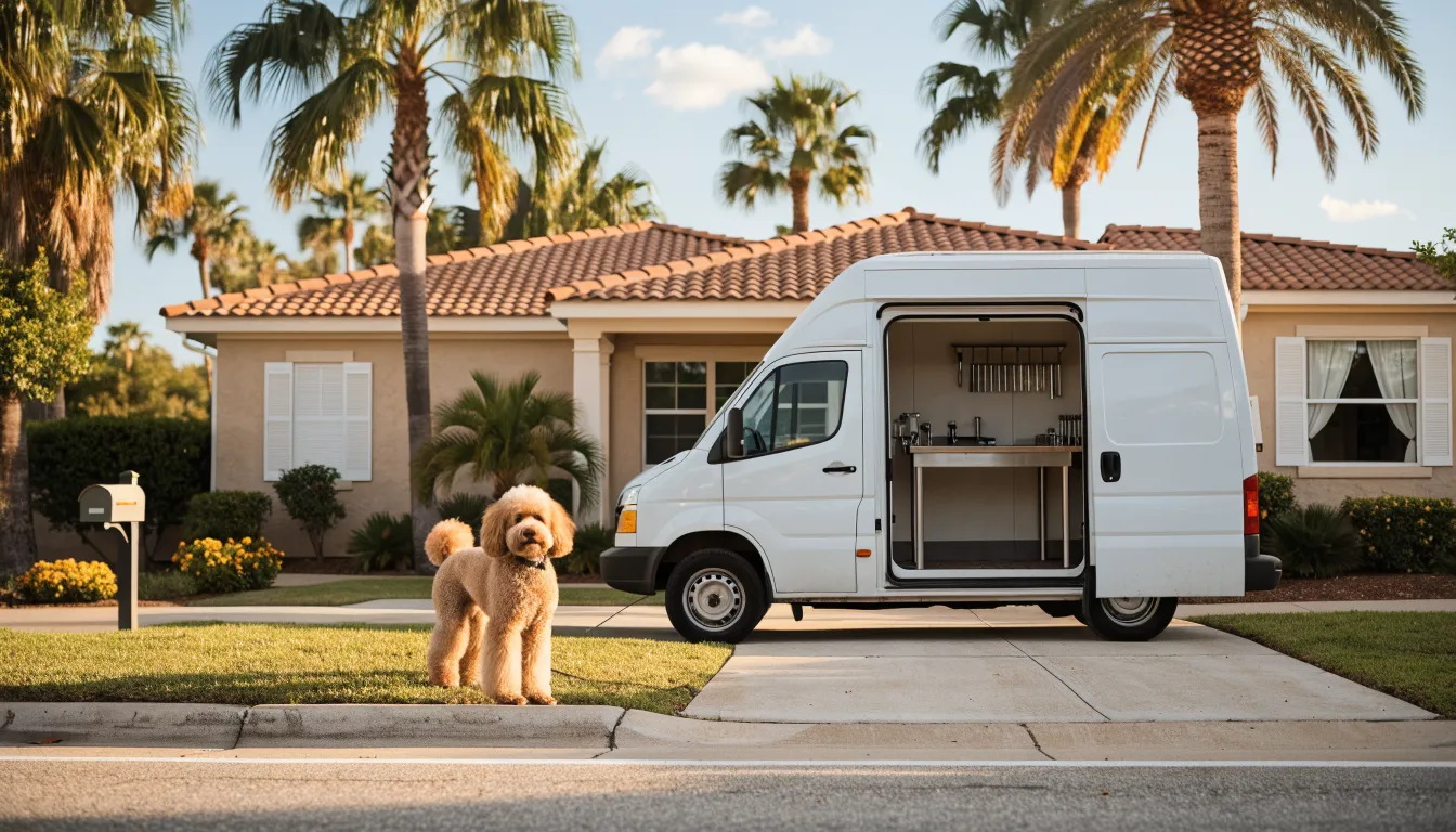 A white mobile grooming van parked in a sunny Orlando driveway with its side door open, showing the grooming table inside