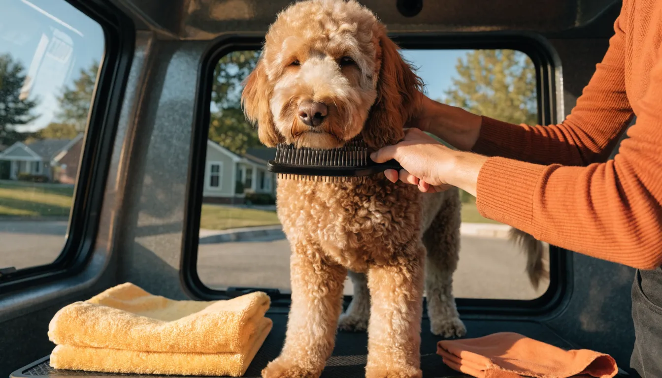 A groomer's hands gently brushing out a relaxed goldendoodle on the grooming table inside the van