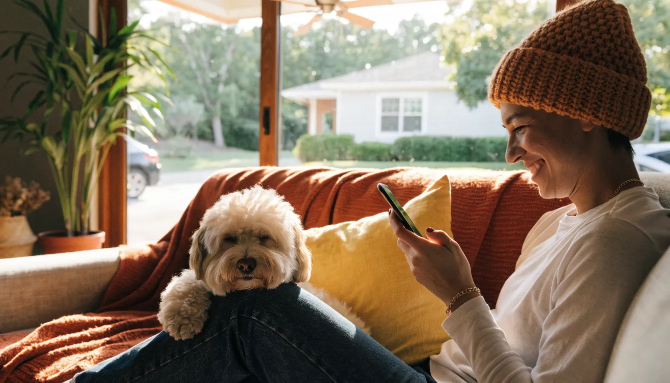 A small fluffy dog resting its chin on its owner's knee while the owner smiles at a text message