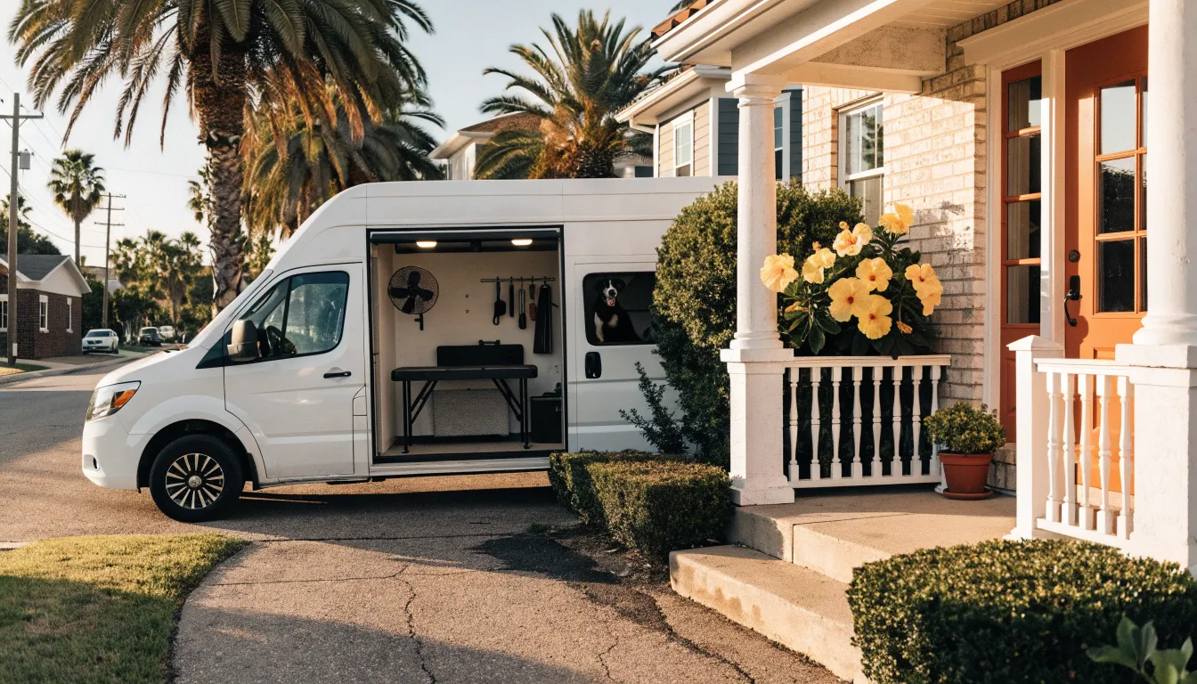 A mobile grooming van pulling into a palm-lined driveway while a dog watches from the front door