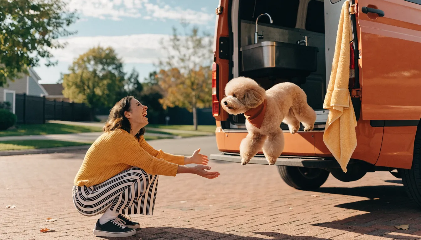 A freshly groomed poodle mix in a bandana trotting down the van steps toward its owner