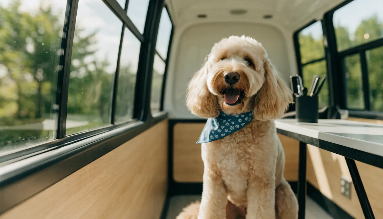 Freshly groomed fluffy doodle looking happy after a Mother Fluffers mobile grooming session