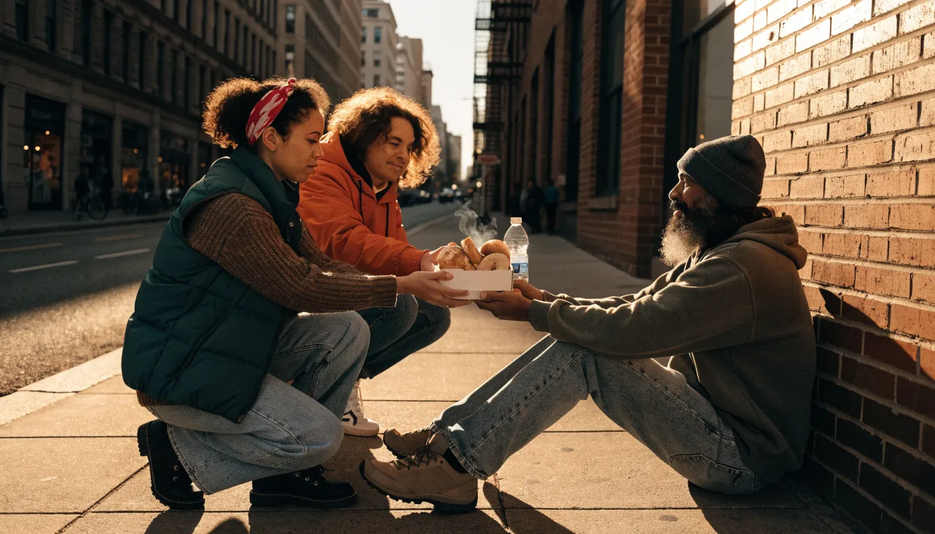 LAST Ministry volunteers kneeling to hand food to a man sitting against a brick wall at golden hour