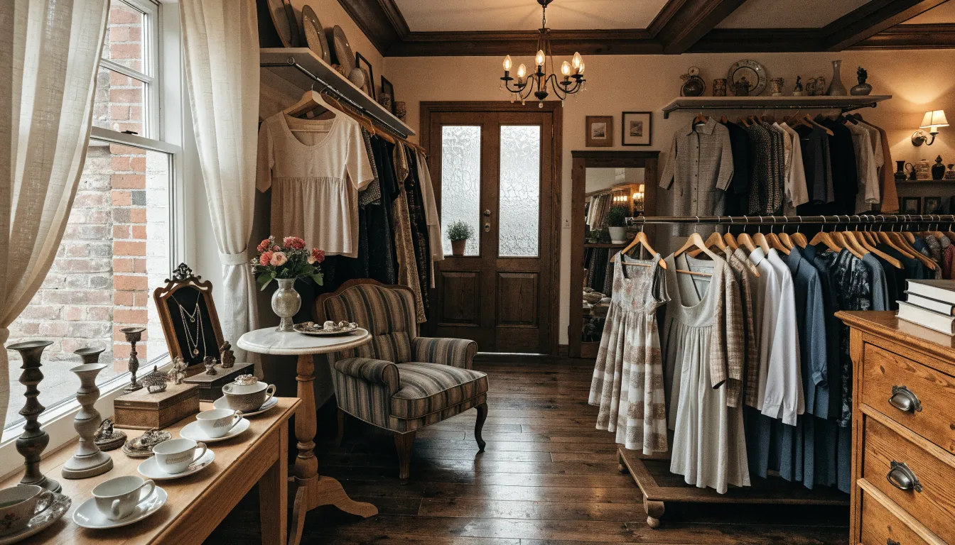 Inside The LAST Boutique: a warm thrift boutique with racks of clothing and vintage decor