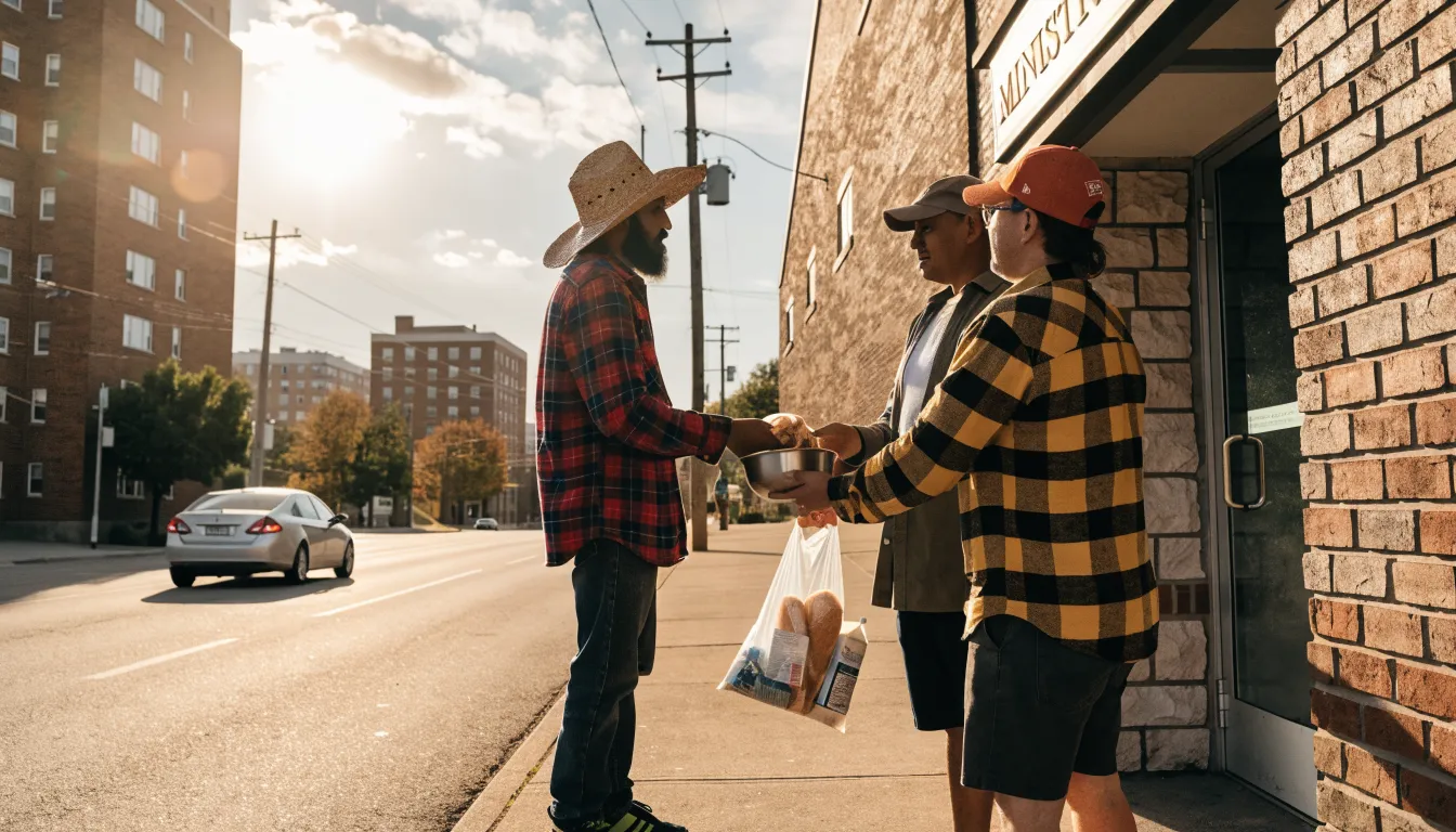 Volunteers handing a meal and supplies to a man on a city sidewalk at golden hour