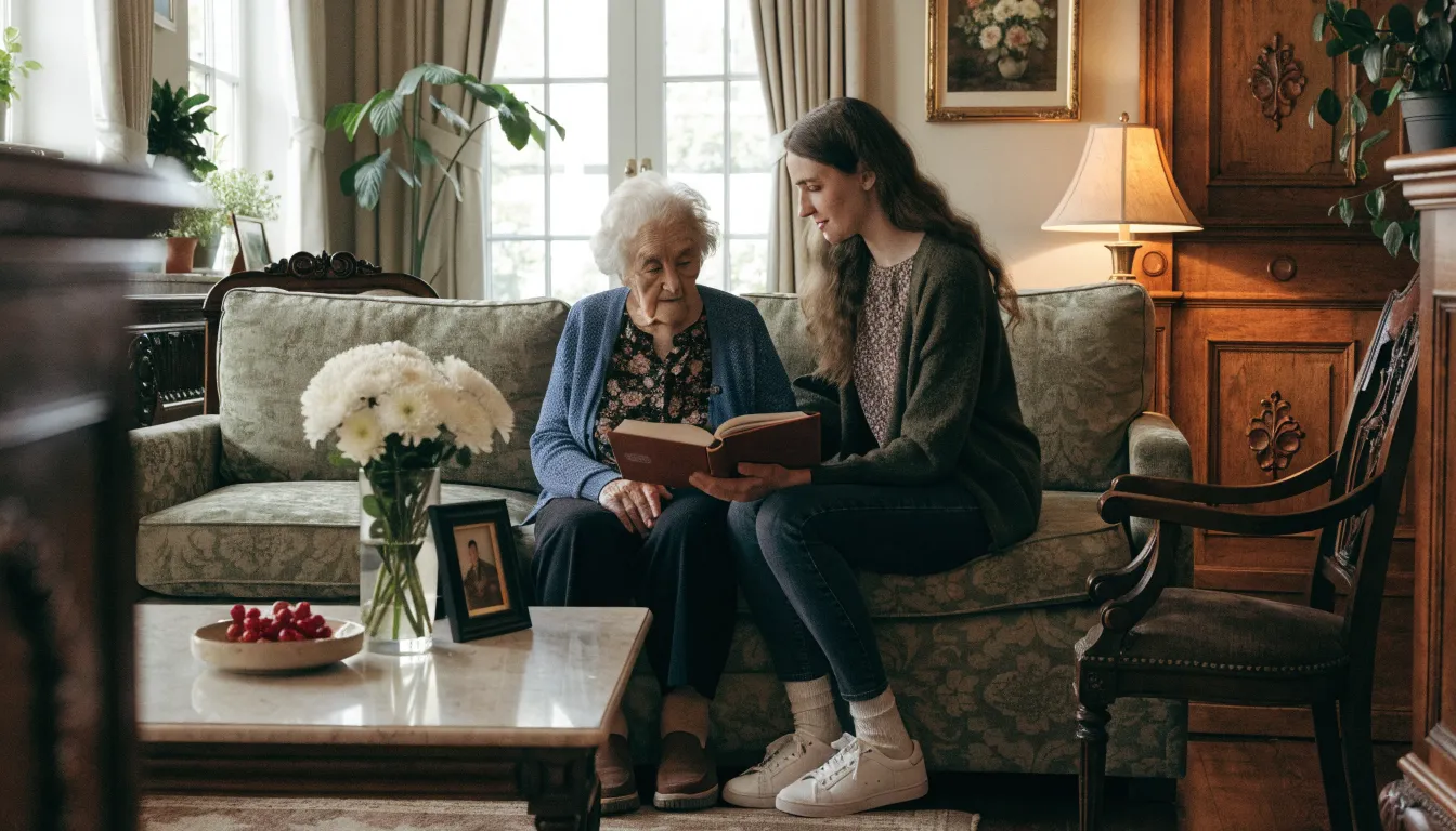 A volunteer sitting with an elderly woman in a nursing home, sharing a hymnal