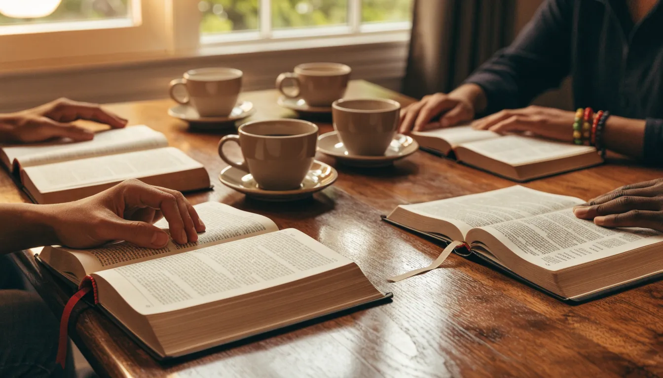 A small group Bible study with open Bibles and coffee cups