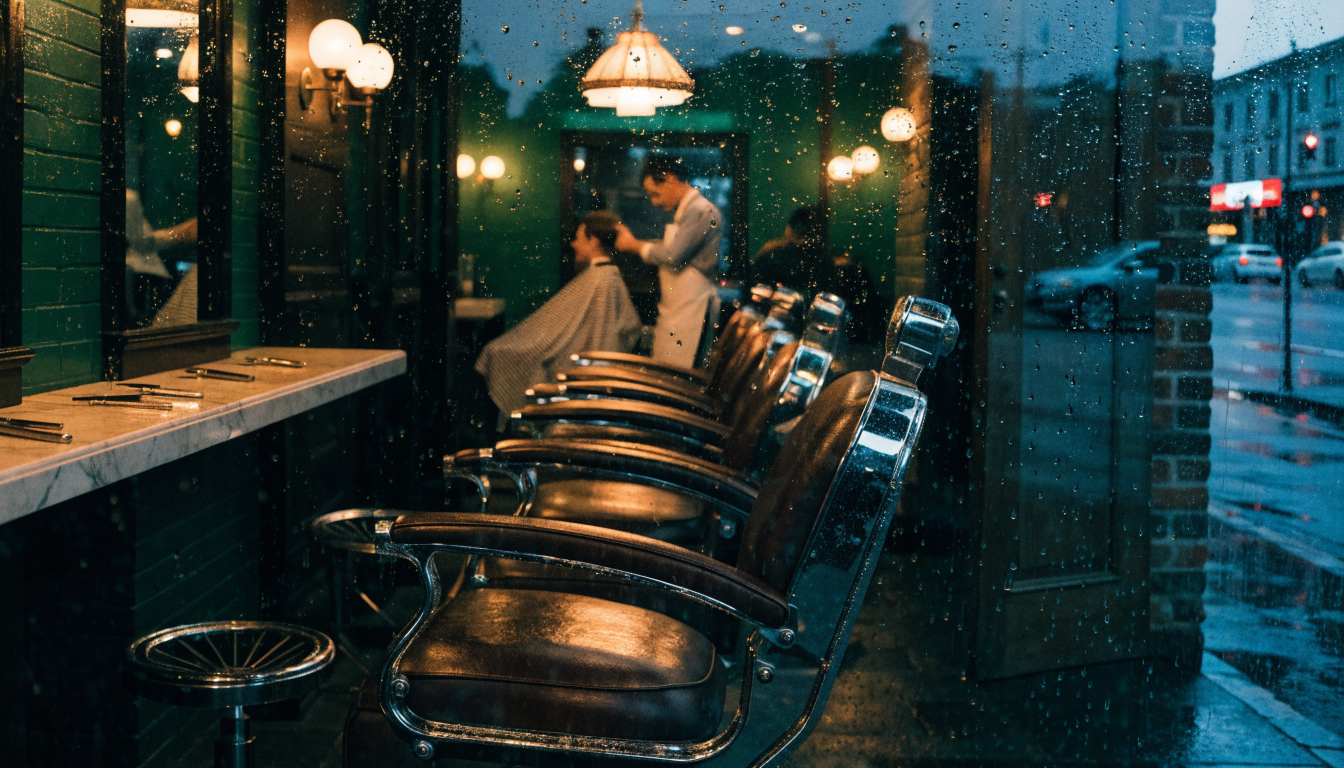 Union Barber Co. interior seen through the front window at dusk, chrome chairs catching amber light