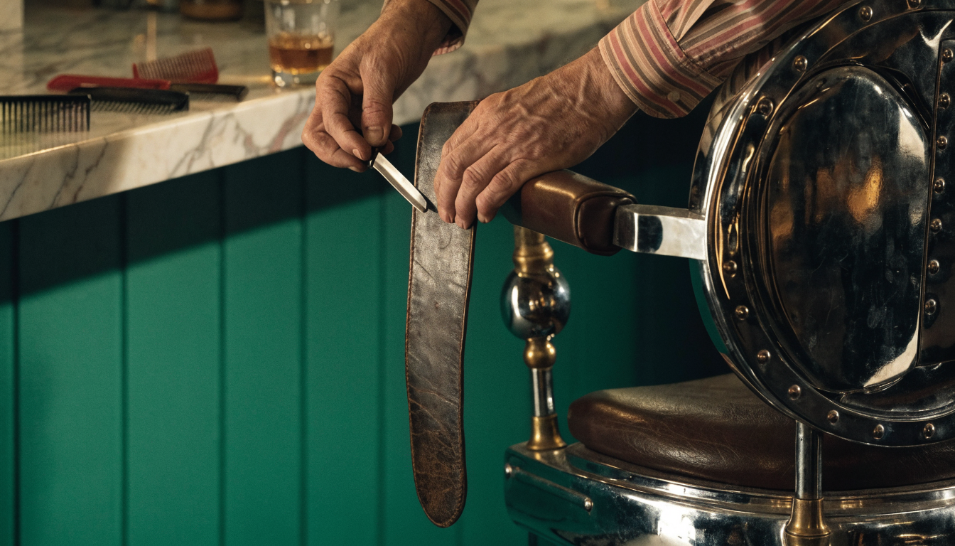 A barber sharpening a straight razor on a leather strop inside Union Barber Co.