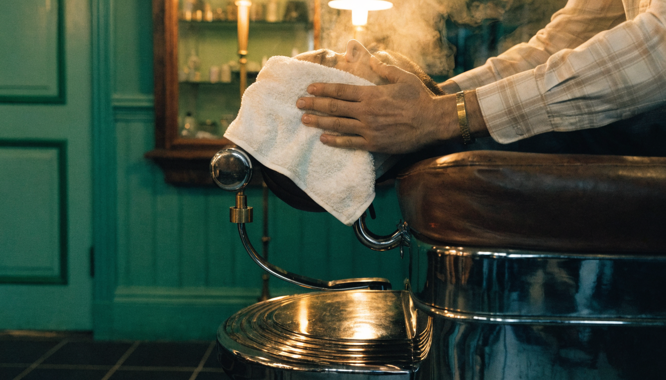 A steaming hot towel wrapped over a client's face in the barber chair